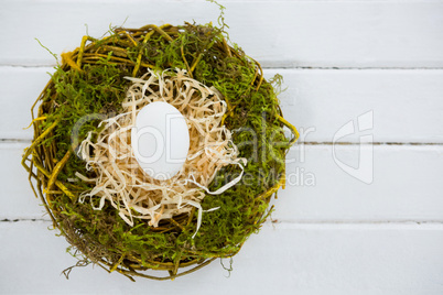 White egg in the nest on wooden surface