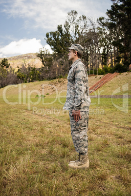 Military soldier standing at attention posture