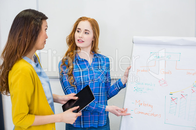 Colleagues discussing over flip chart board in conference room