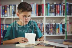 Attentive schoolboy reading book in library