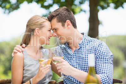 Couple toasting glasses of wine in a restaurant