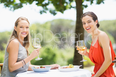 Happy friends holding glasses of wine in a restaurant