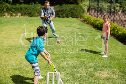 Family playing cricket in park