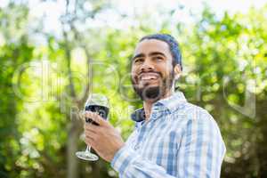 Man holding glass of wine in the park