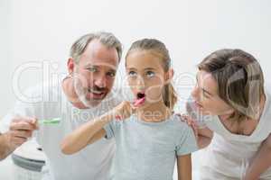 Smiling family brushing their teeth with toothbrush