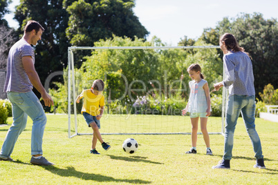 Family playing football together at the park