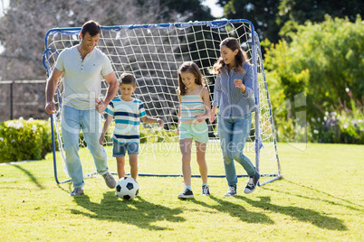 Family playing football together at the park