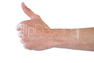 Hand showing thumbs up against white background