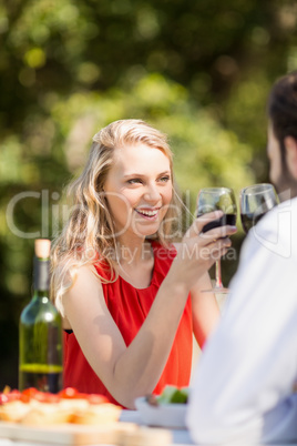 Couple toasting wine glasses while sitting