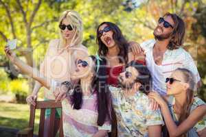 Group of friends taking selfie with mobile phone