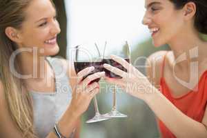 Happy friends toasting wine glasses