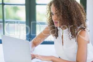 Woman using laptop in a restaurant