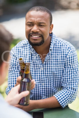 Friends toasting beer bottles