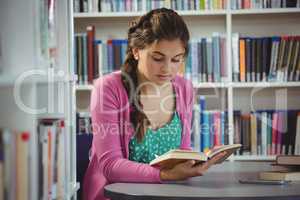 Attentive schoolgirl reading book in library