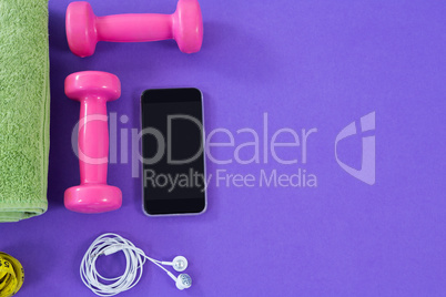 Dumbbells, towel, mobile phone with headphones