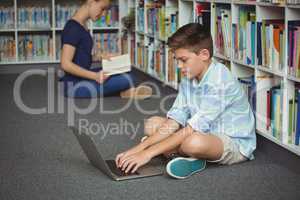 Schoolboy using laptop in library