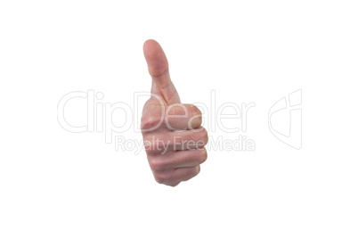 Hand showing thumb up against white background