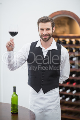 Male waiter holding wine glass in the restaurant