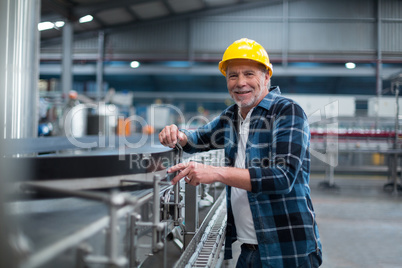 Portrait of smiling factory worker near production line