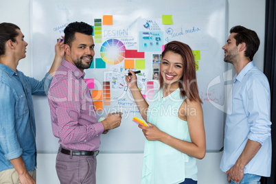 Business executives discussing over white board in office Business executives discussing over white board in office