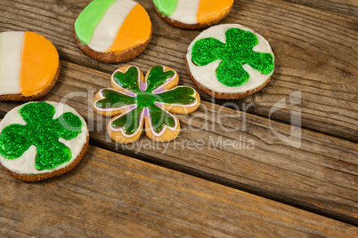 St. Patricks Day cookies decorated with irish flag and shamrock toppings