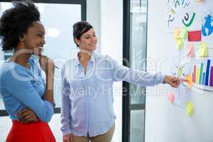 Female graphic designer pointing to the sticky notes on white board