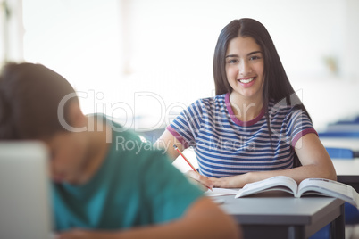 Portrait of happy schoolgirl studying in classroom