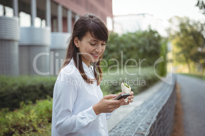 Executive having veg roll while using mobile phone on road