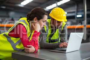 Factory workers using laptop