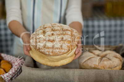 Mid section of female staff offering round loaf of bread at counter