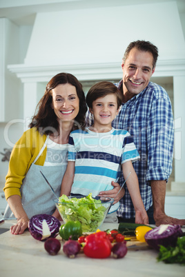 Portrait of parents and son preparing salad in kitchen