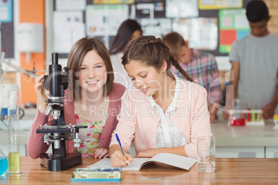 Students experimenting on microscope in laboratory