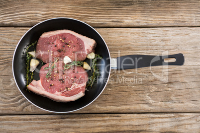 Sirloin chops and herbs in frying pan