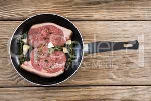 Sirloin chops and herbs in frying pan