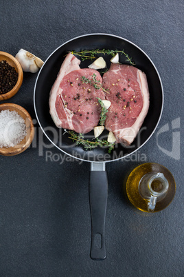 Sirloin chop in frying pan with ingredients