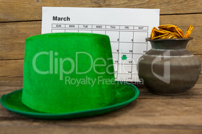 St. Patricks Day leprechaun hat with calendar and pot filled with chocolate gold coins