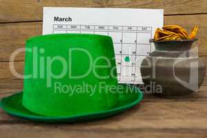 St. Patricks Day leprechaun hat with calendar and pot filled with chocolate gold coins