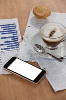 Coffee cup with document and mobile phone