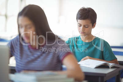 Attentive schoolboy studying in classroom