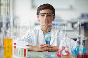 Portrait of schoolboy sitting in laboratory
