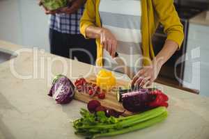 Couple chopping vegetables in the kitchen at home