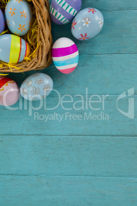 Various Easter eggs arranged in wicker basket