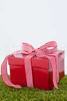 Red gift box on green grass