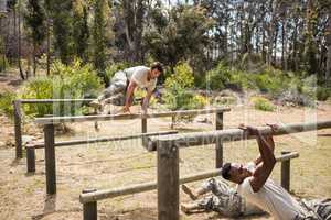 Military soldiers training on fitness trail