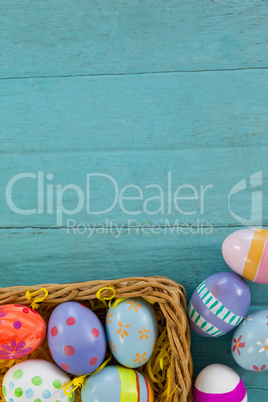 Various Easter eggs arranged in wicker basket