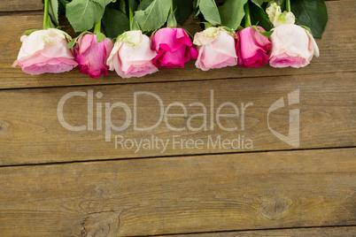 Pink roses arranged on wooden plank