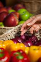 Hand of female costumer selecting vegetables from wicker basket