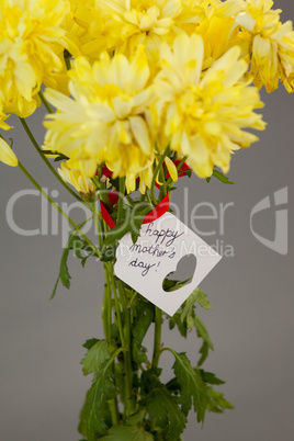 Close-up of happy mothers day card on flowers