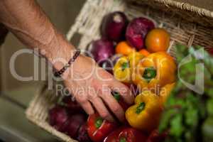Hand of male staff selecting bell pepper in organic section