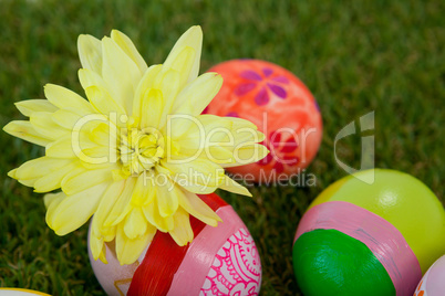 Painted easter eggs with flowers on grass